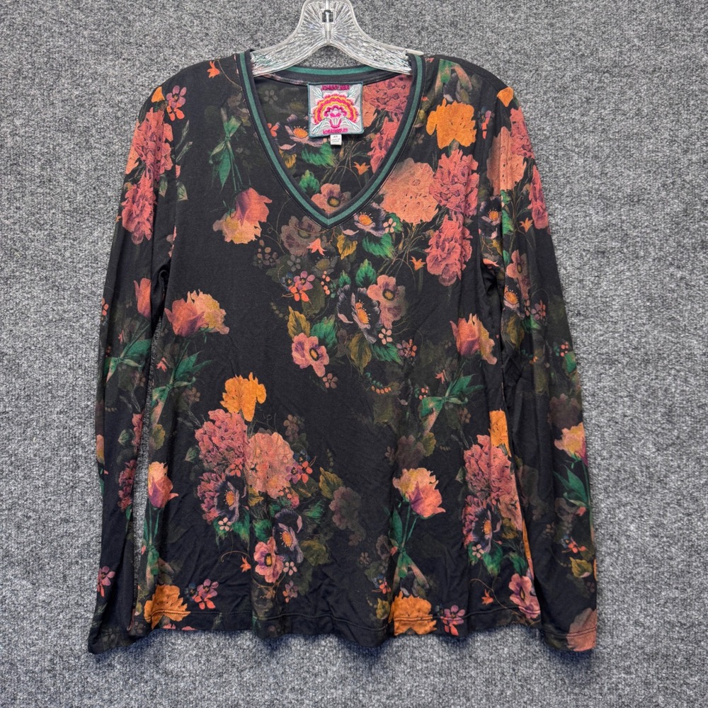 Johnny Was Amapola Floral V-Neck Top Women XS Black Orange Boho Long Sleeve